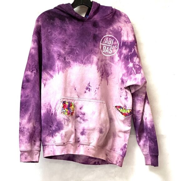 Adidas upcycled Sweatshirt Patchwork Jigsaw Puzzle Size Large Pink Purple Hoodie - Picture 2 of 10